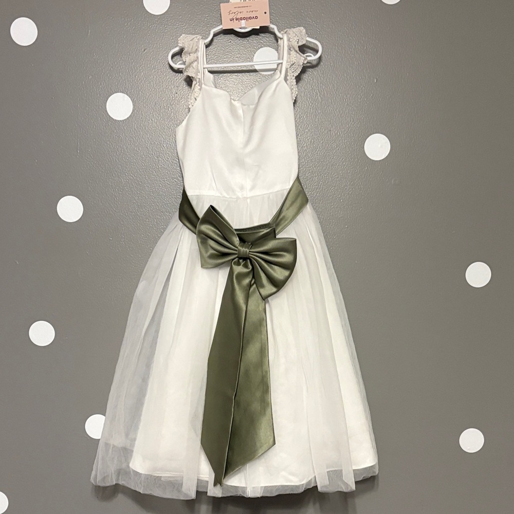 Charming White and Green Kids Formal Dress